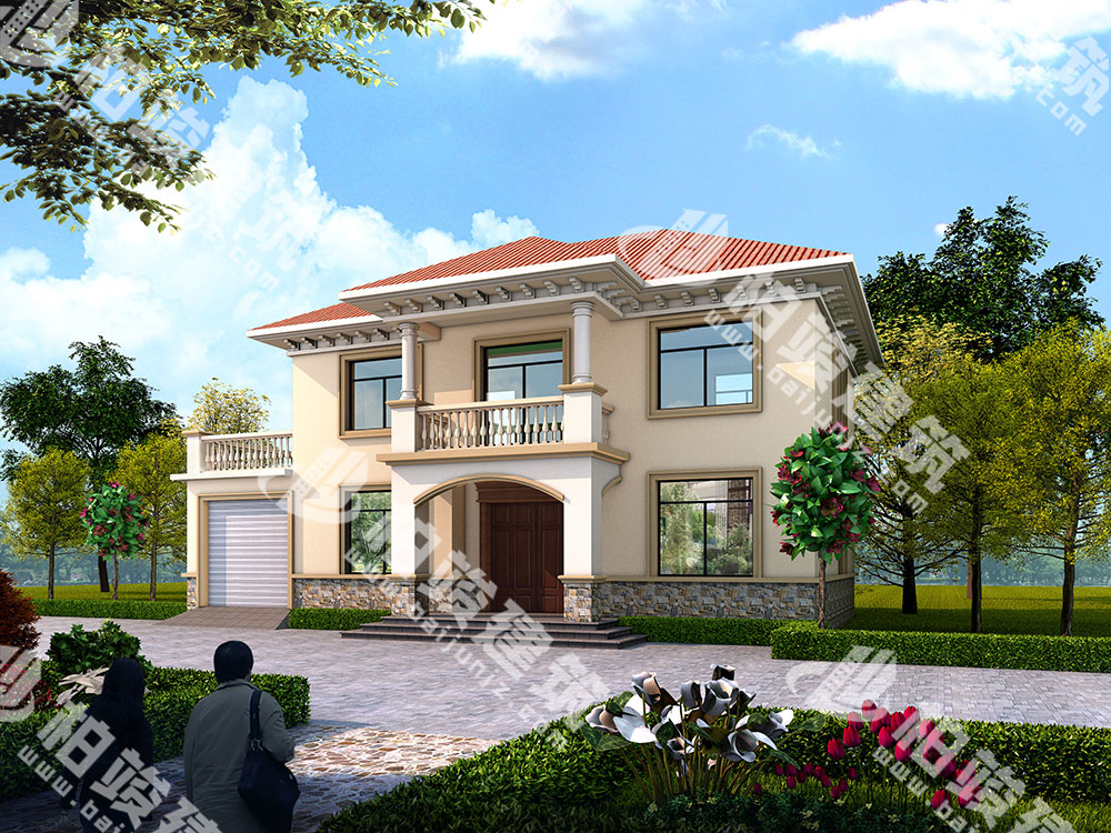 二層自建房設(shè)計圖，簡歐風格，帶車庫雙露臺