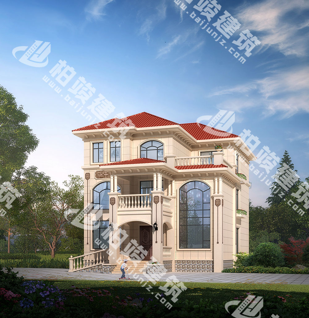 農(nóng)村三層別墅設(shè)計圖紙，簡歐風格，帶雙層落地窗、輪椅坡道