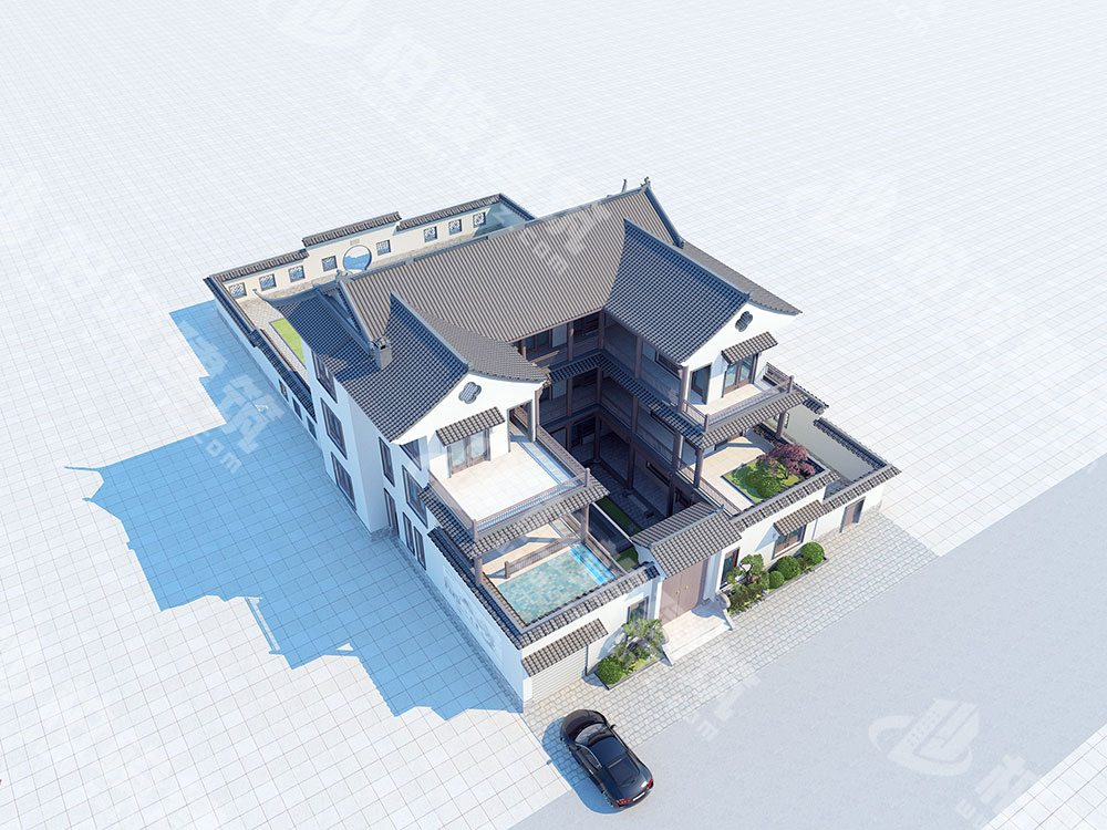 農(nóng)村自建三層三合院設(shè)計(jì)圖，內(nèi)部10室，帶大面積中式庭院