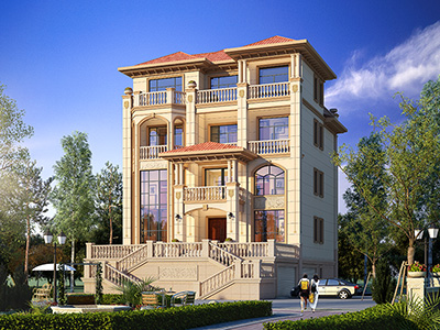 別墅設(shè)計圖及效果圖，帶地下室和大車庫。