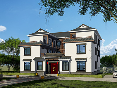 三層中式帶院子別墅效果圖，像古代大官府邸。