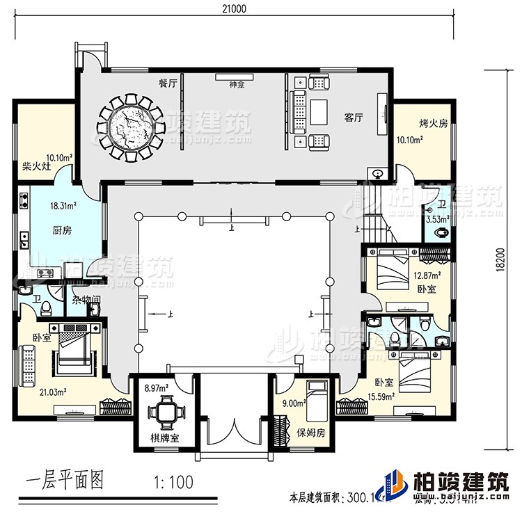 一層：客廳，餐廳，烤火房，廚房，4衛(wèi)生間，3臥室，雜物間，棋牌室，保姆房