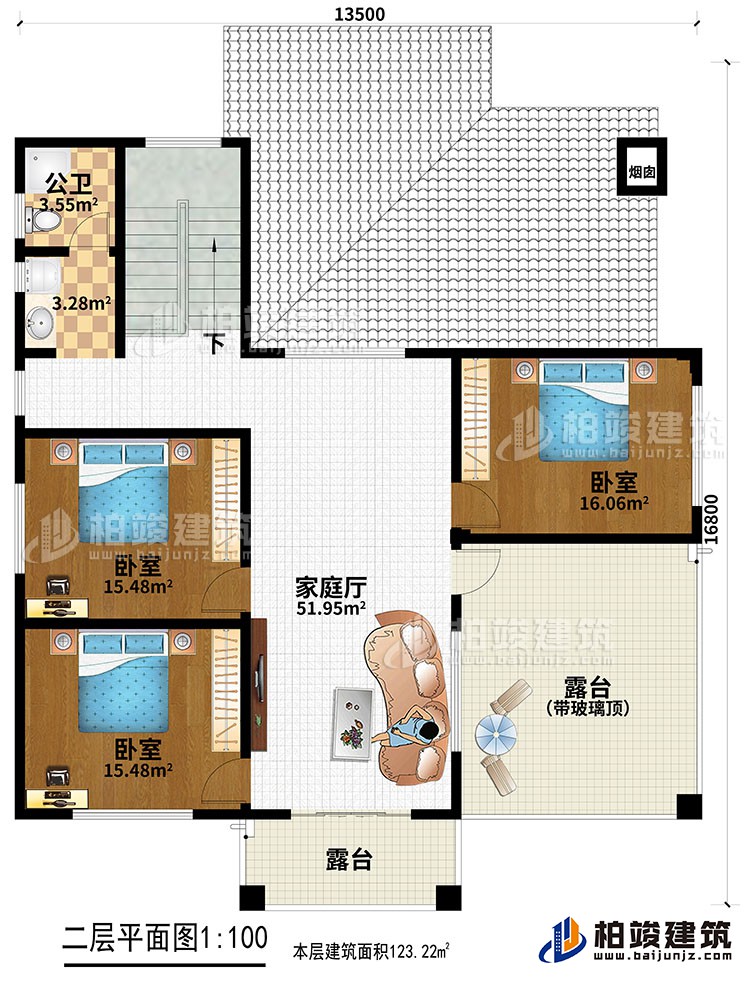 二層：3臥室，家庭廳，2露臺，公衛(wèi)。