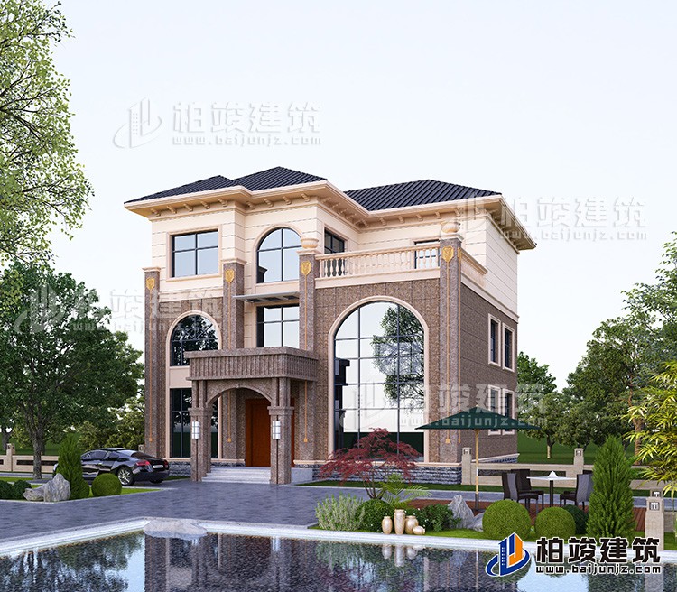 漂亮的三層帶露臺小別墅設計圖紙及效果圖 有電梯BZ3305-簡歐風格