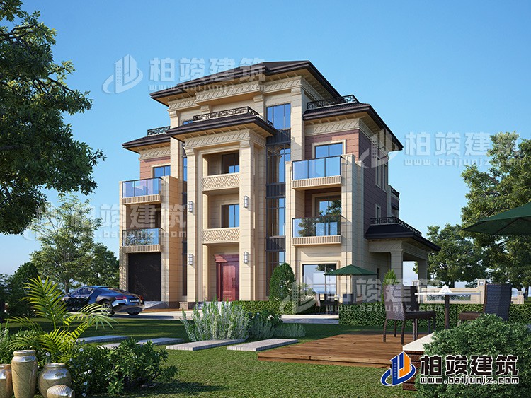 新款農(nóng)村四層別墅設(shè)計圖紙及效果圖，外立面清新別致BZ412-新中式風格