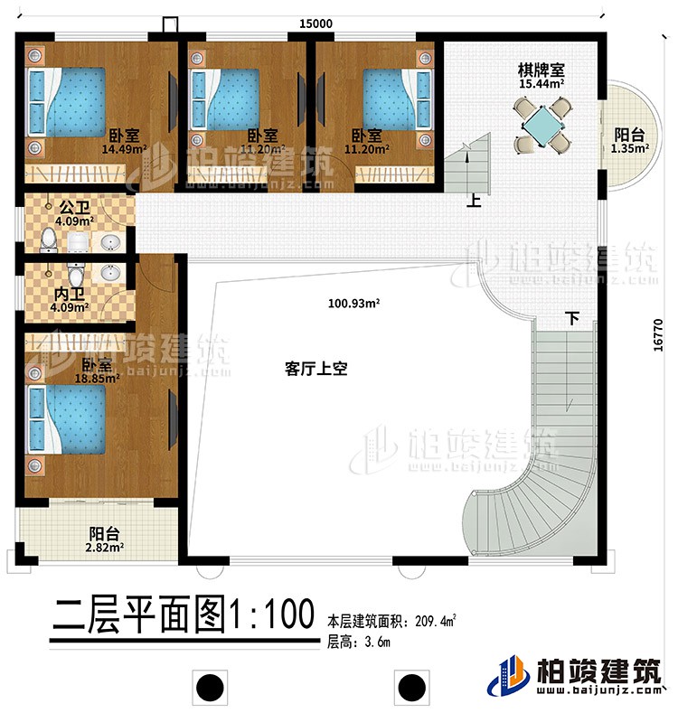 二層：4臥室、公衛(wèi)、內(nèi)衛(wèi)、棋牌室、2陽臺、客廳上空