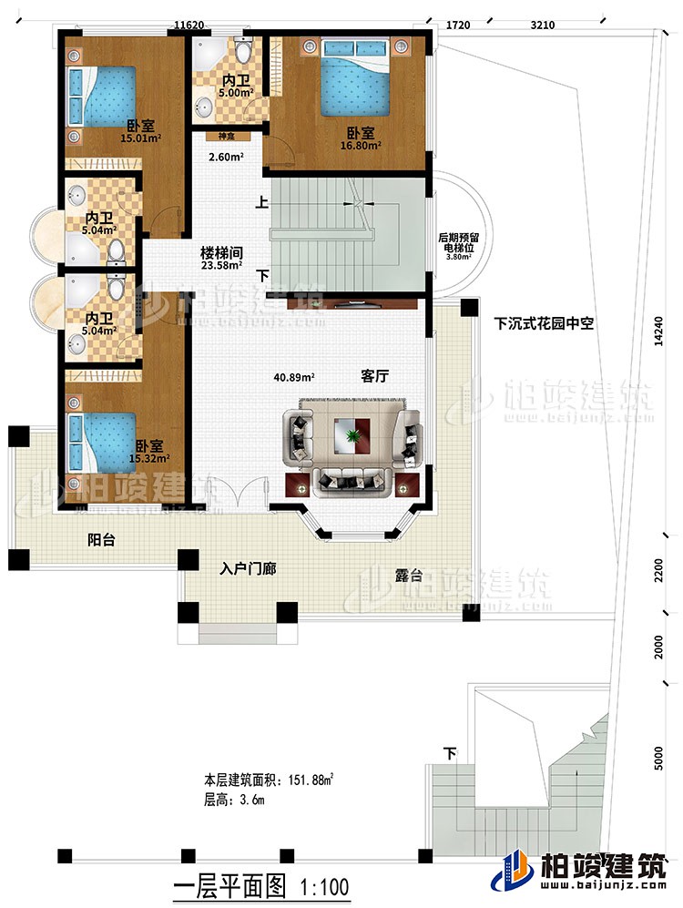 一層：入戶門廊、陽臺、露臺、客廳、樓梯間、神龕、3臥室、3內(nèi)衛(wèi)、后期預留電梯位、下沉式花園中空