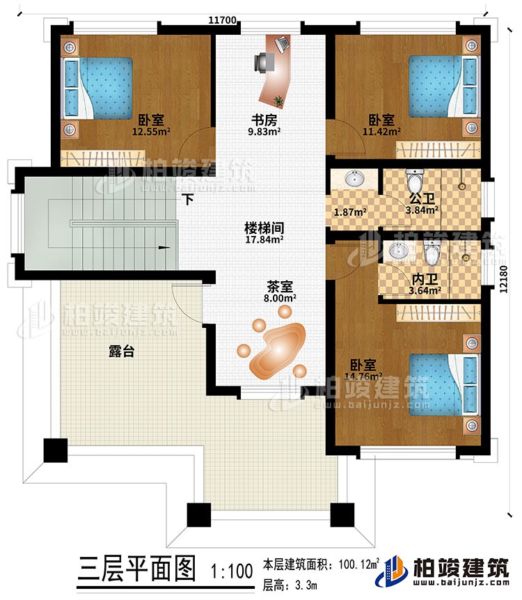 三層：樓梯間、書房、茶室、3臥室、公衛(wèi)、內(nèi)衛(wèi)、露臺
