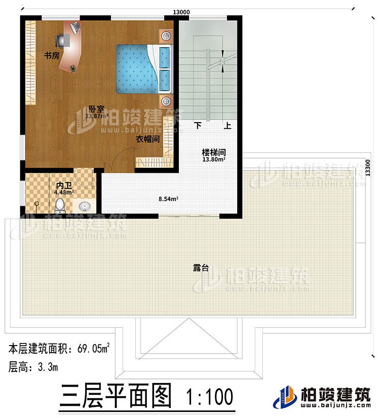 三層：樓梯間、臥室、衣帽間、內(nèi)衛(wèi)、書房、露臺