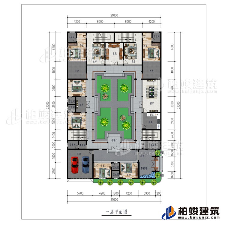 一層：月亮門、影壁墻、6臥室、車庫、6內(nèi)衛(wèi)、公衛(wèi)、儲藏室、廚房、餐廳、過廳、2天井2客廳、堂屋、垂花門