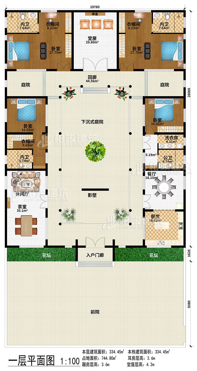 一層：前院、入戶門廊、影壁、下沉式庭院、回廊、2庭院、茶室、休閑廳、餐廳、廚房、堂屋、神龕、4臥室、3衣帽間、3內(nèi)衛(wèi)、公衛(wèi)、洗衣房