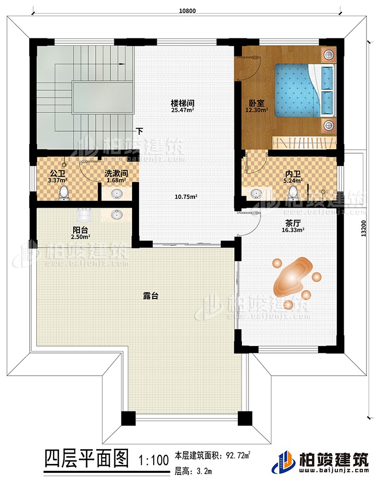 四層：樓梯間、臥室、洗漱間、公衛(wèi)、內(nèi)衛(wèi)、陽臺、露臺