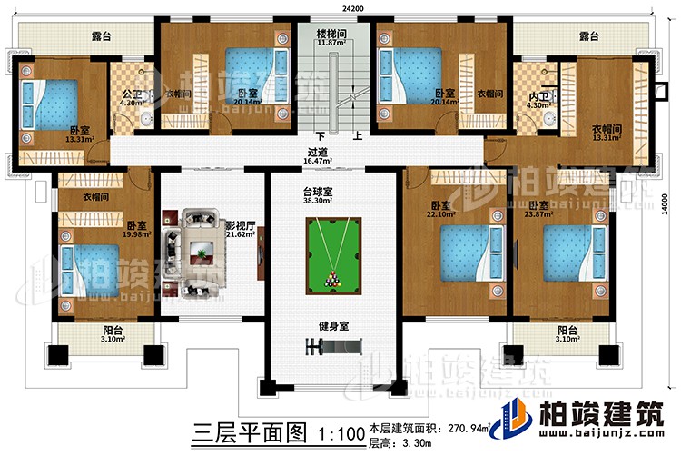 三層：過道、樓梯間、影視廳、臺(tái)球室、健身室、6臥室、4衣帽間、公衛(wèi)、內(nèi)衛(wèi)、2露臺(tái)、2陽臺(tái)